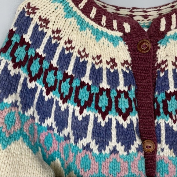 Amazing Hand Knit Wool Chunky Knit Cardigan Unisex One Size Fair Isle Ecuador - Picture 5 of 10